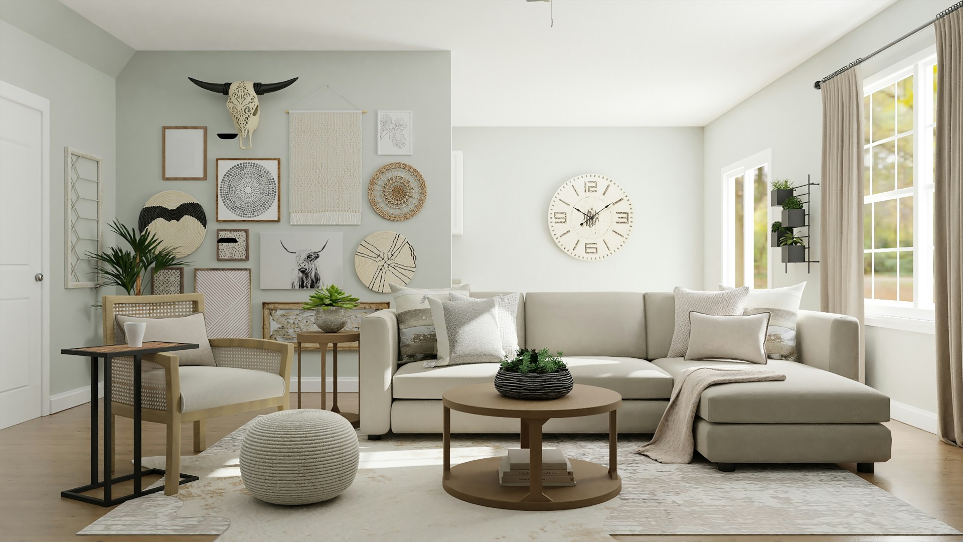 Soft neutral bedroom vignette with layered textiles