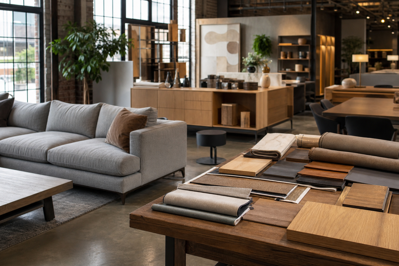 Bright furniture trade showroom with upholstery, casegoods samples, and fabric swatches in daylight