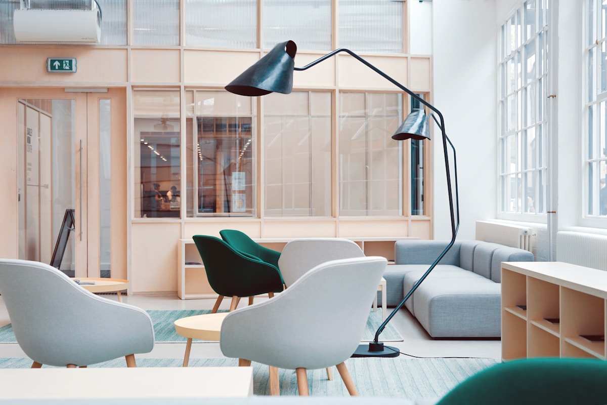 Open studio workspace with samples and seating