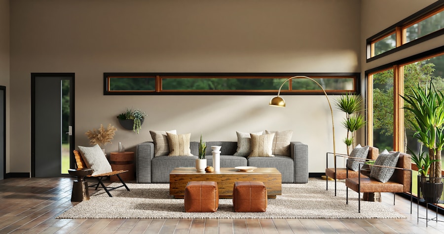 Minimal interior with sofa and side tables
